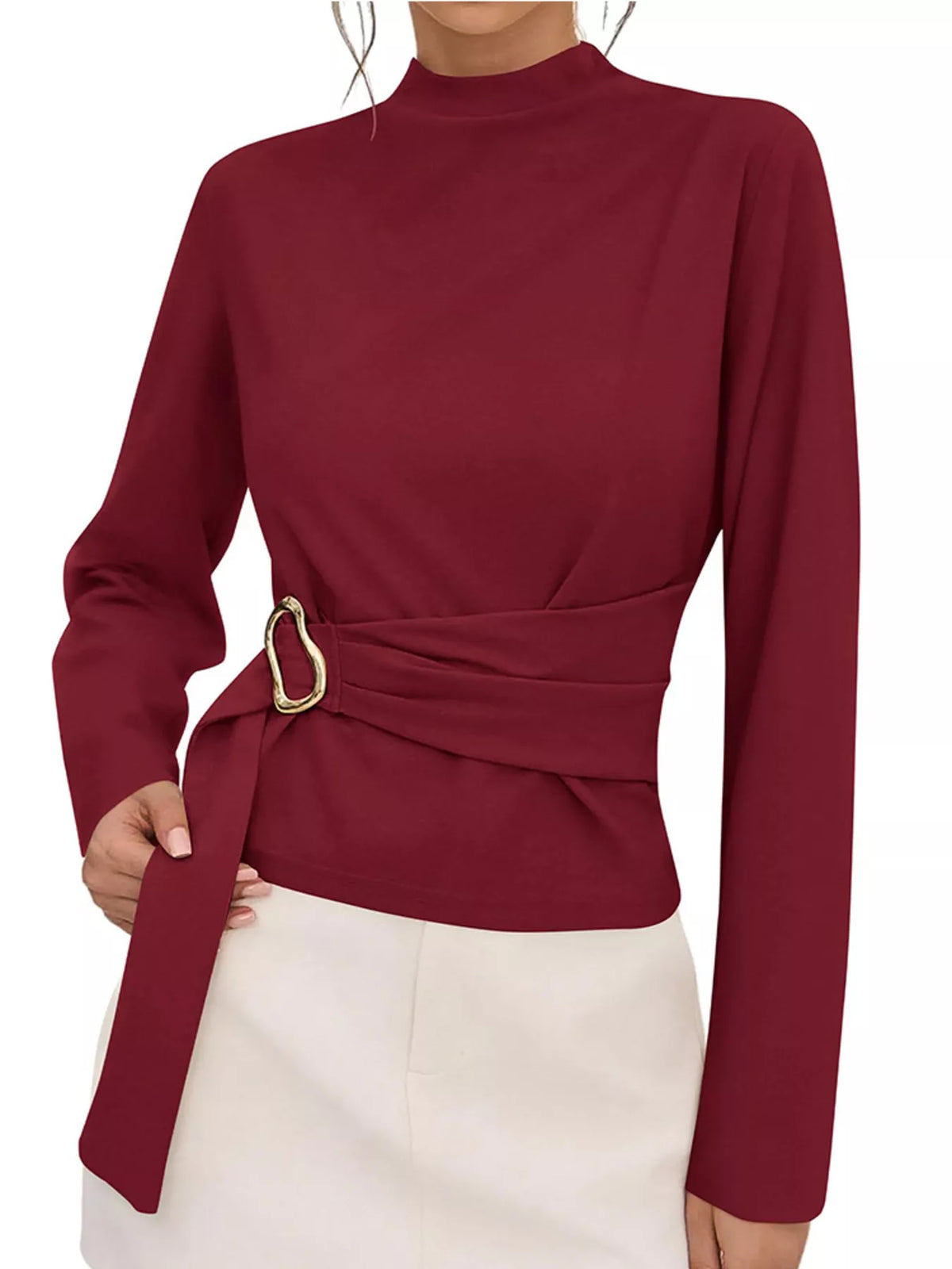 Mock Neck Blouse with Waist-Defining Metal Buckle Detail - Lilixa.store