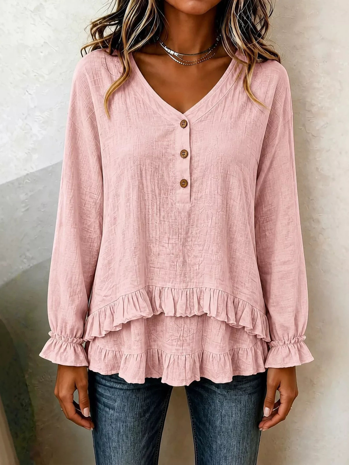 Ruffled Hem Long Sleeve Blouse - Lilixa.store