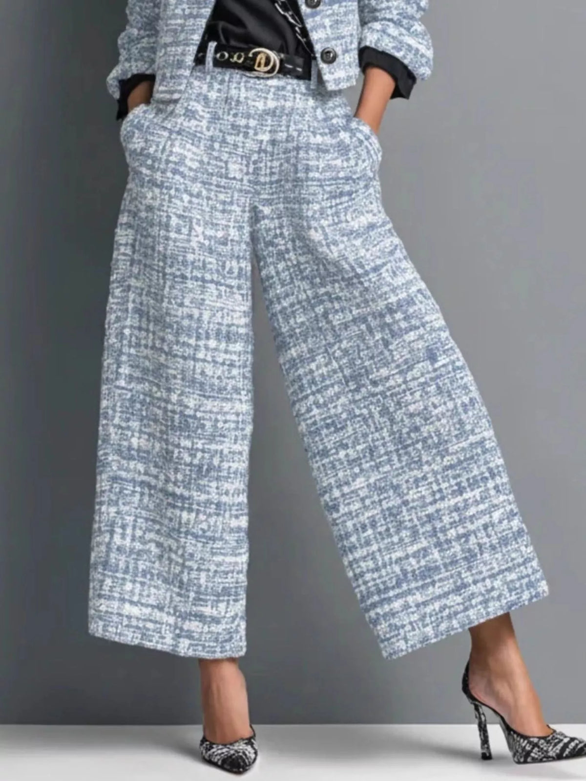 Tweed Cropped Jacket and Wide-Leg Pants Set, view 4