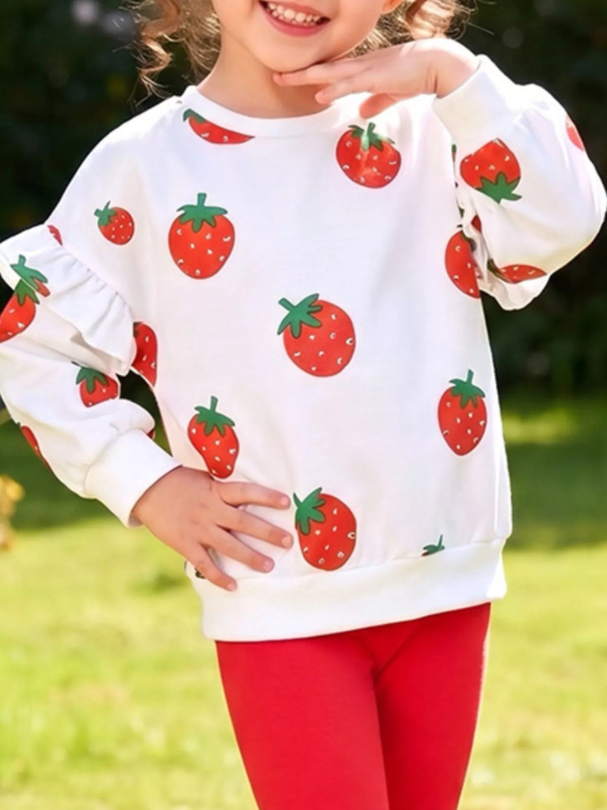 Children's Strawberry Long Sleeve Sweatshirt and Leggings Set in White, view 3