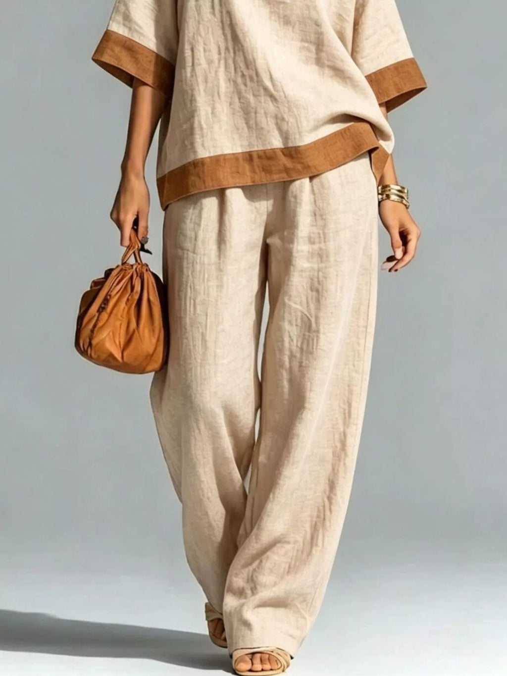 Full Size Contrast Trim Top and Wide Leg Pants Set Plus Size - Lilixa.store