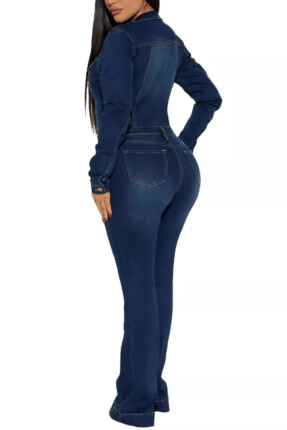 Slim-Fit Long Sleeve Denim Jumpsuit with Flared Legs in Dark Blue, view 2