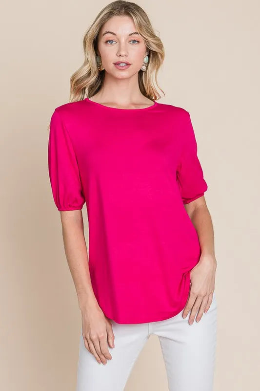 BOMBOM Round Neck Puff Sleeve T-Shirt - Lilixa.store