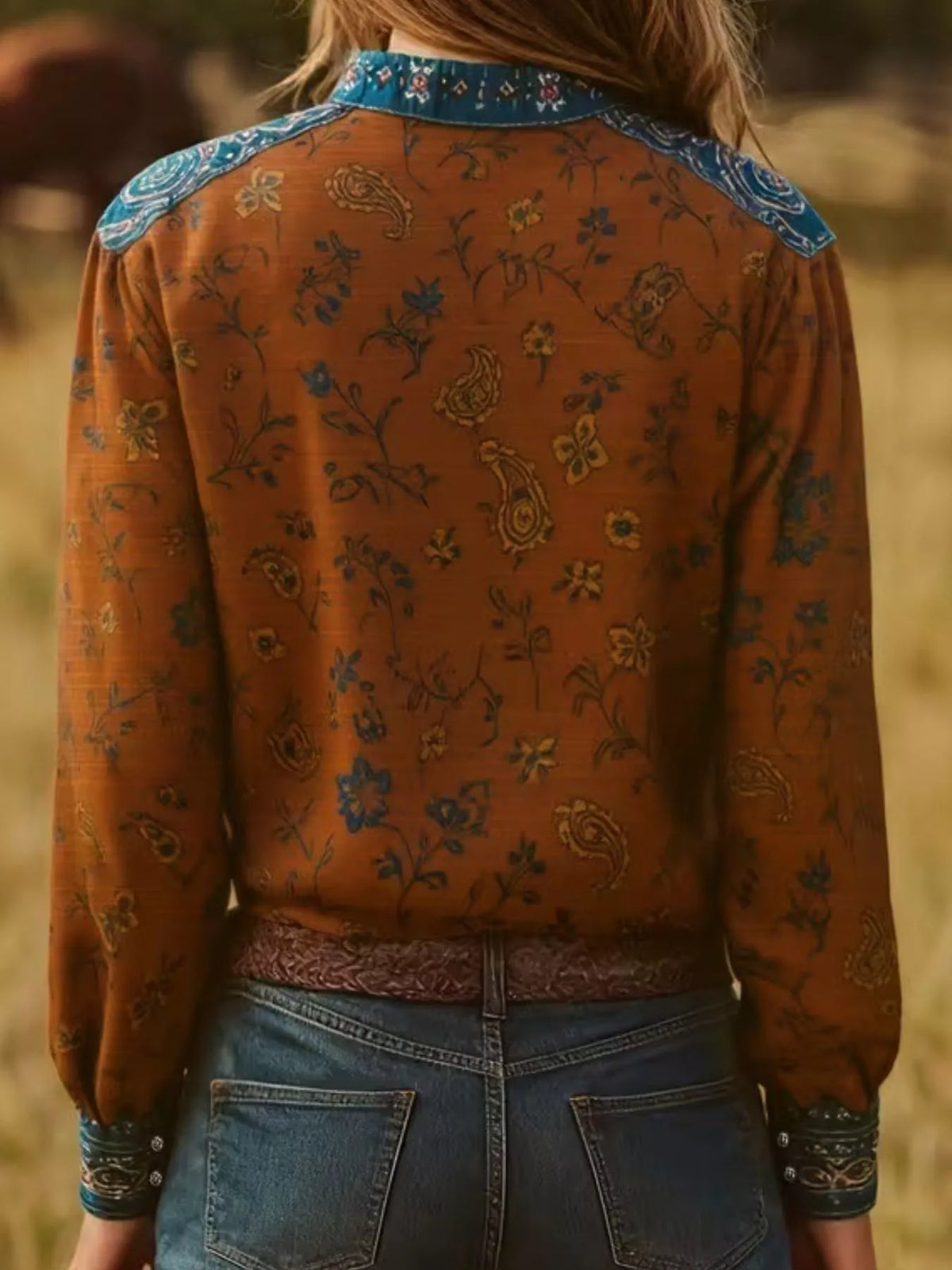 Printed Notched Long Sleeve Blouse in Brown, view 3