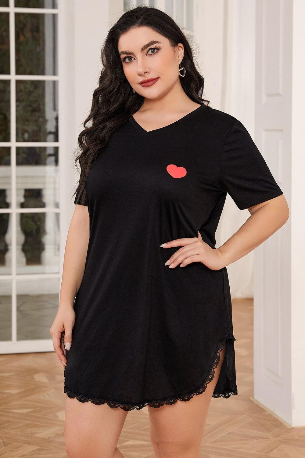 Plus Size Lace Trim V-Neck Short Sleeve Night Dress - Lilixa.store