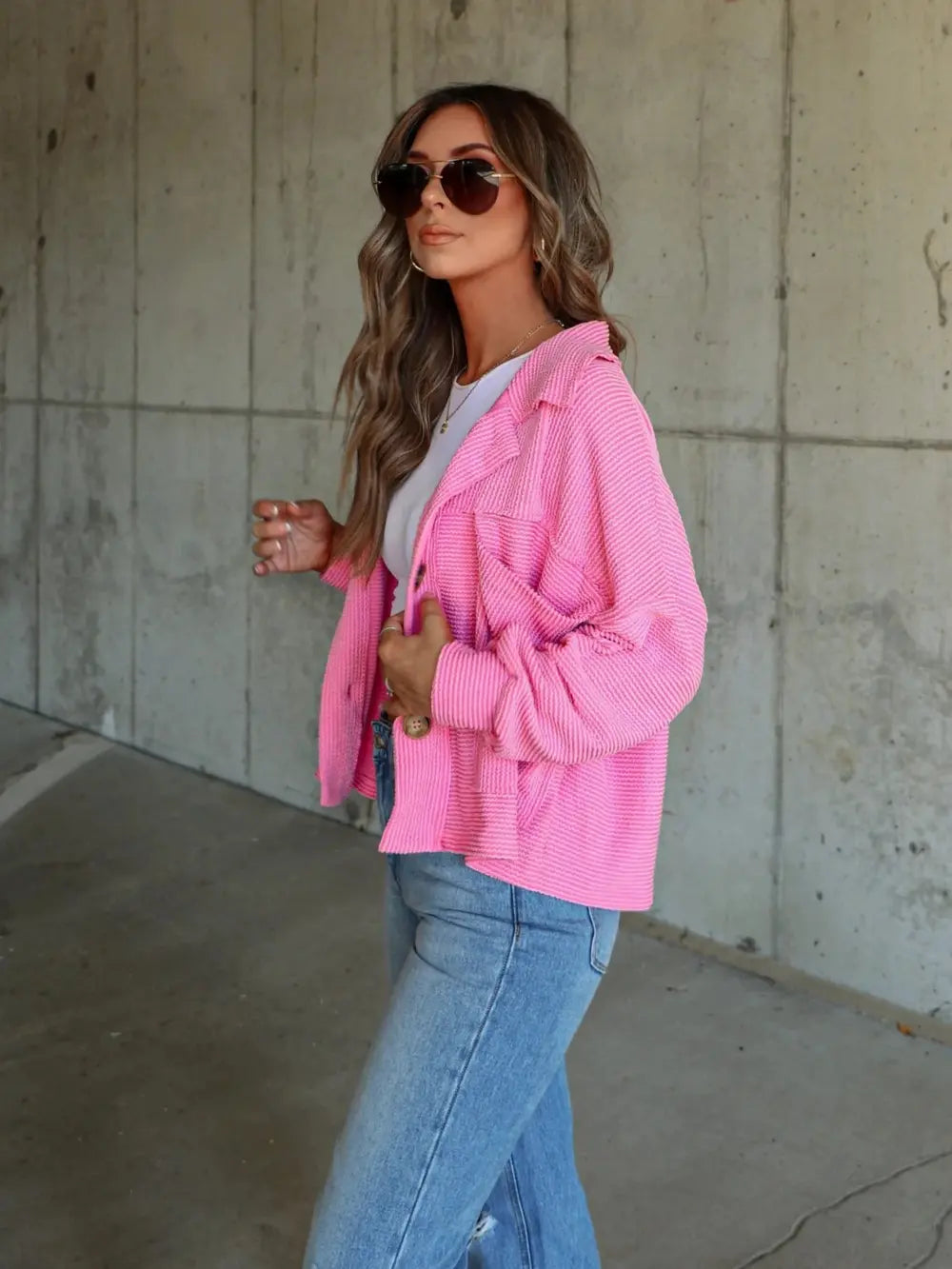 Ribbed Collared Neck Button Up Jacket, view 5