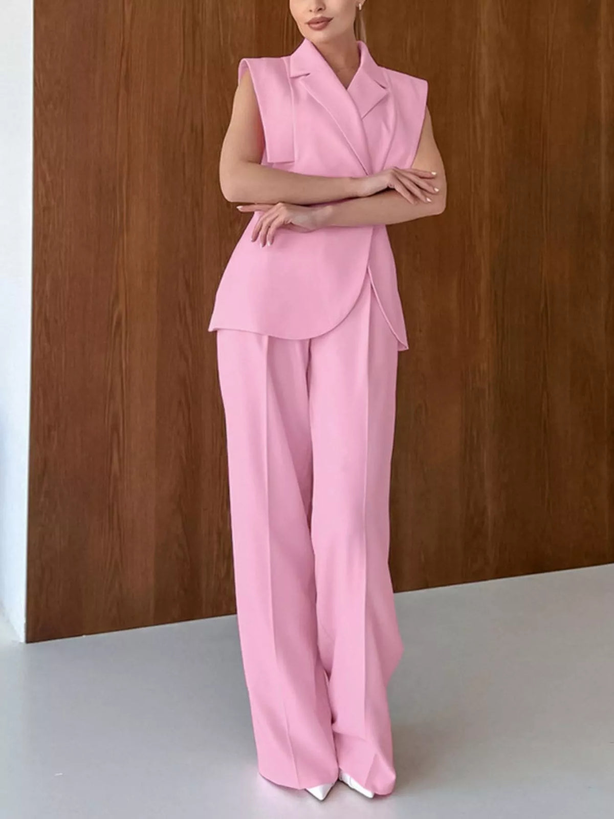Sleeveless Blazer and Wide-Leg Pants Two-Piece Set in Pink