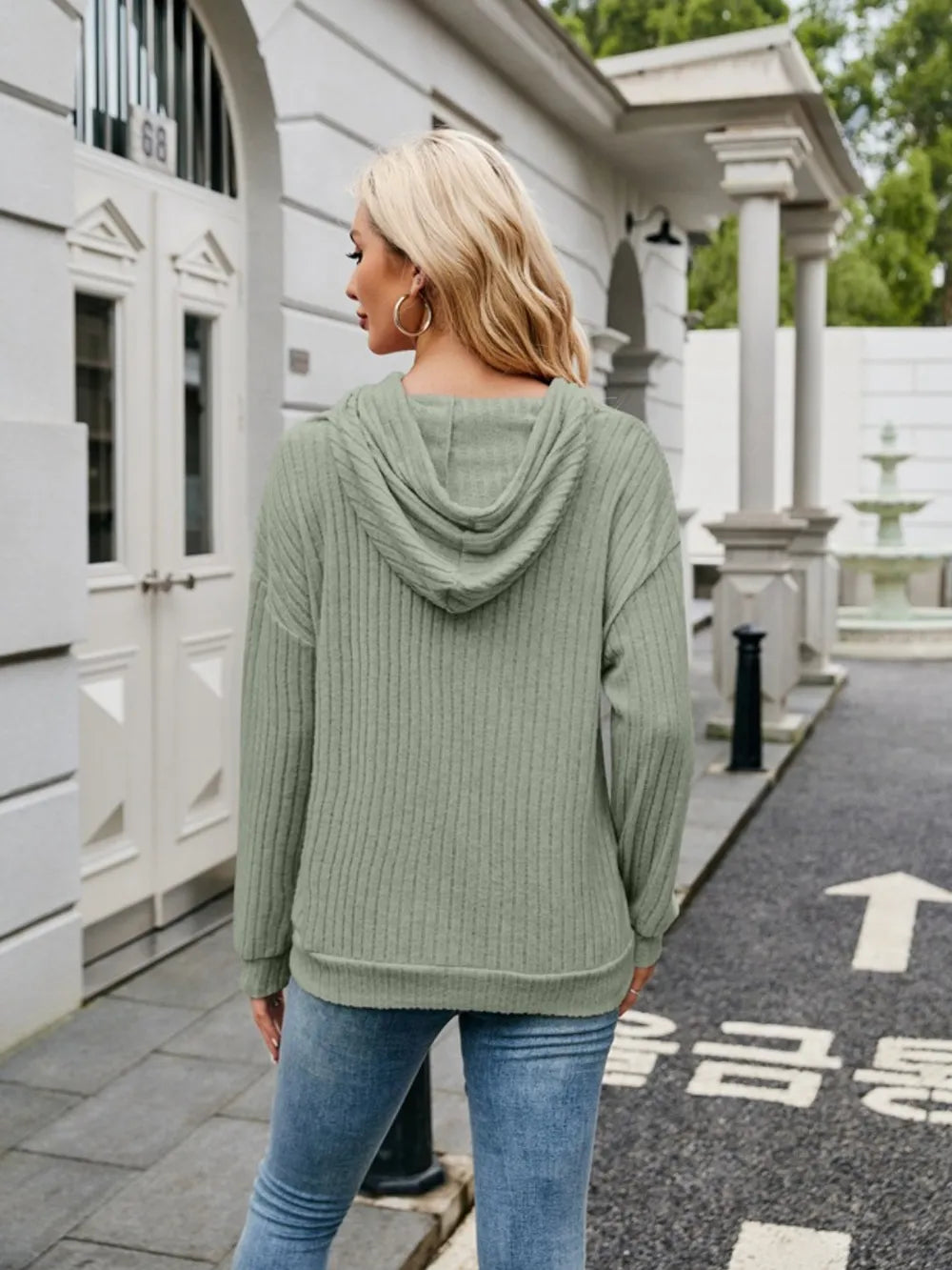 Ribbed Drawstring Long Sleeve Hoodie - Lilixa.store