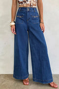Hardware Decor Patched Pockets Wide Leg Jeans - Lilixa.store