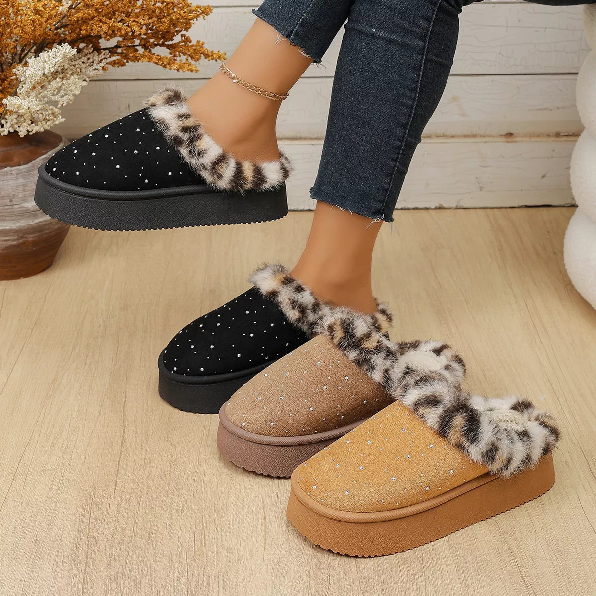 Rhinestone Faux Fur Platform Slippers - Lilixa.store