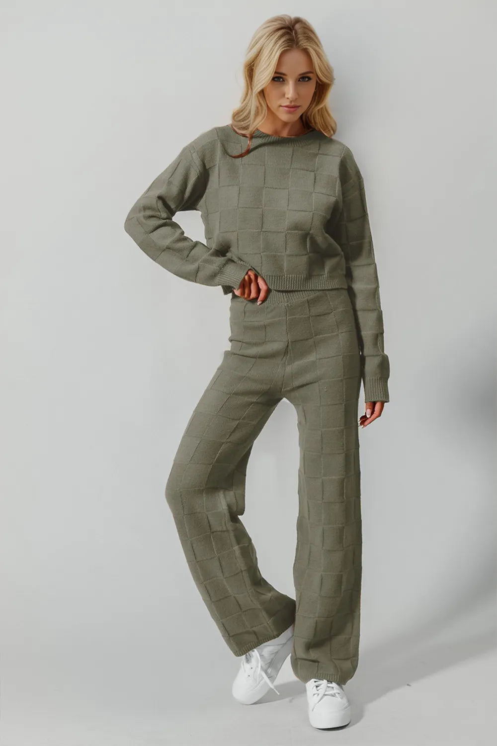 Double Take Full Size Checkered Round Neck Top and Pants Set in Matcha Green