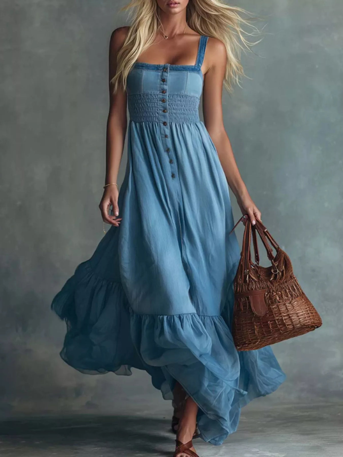 Smocked Button Front Denim Maxi Dress - Lilixa.store