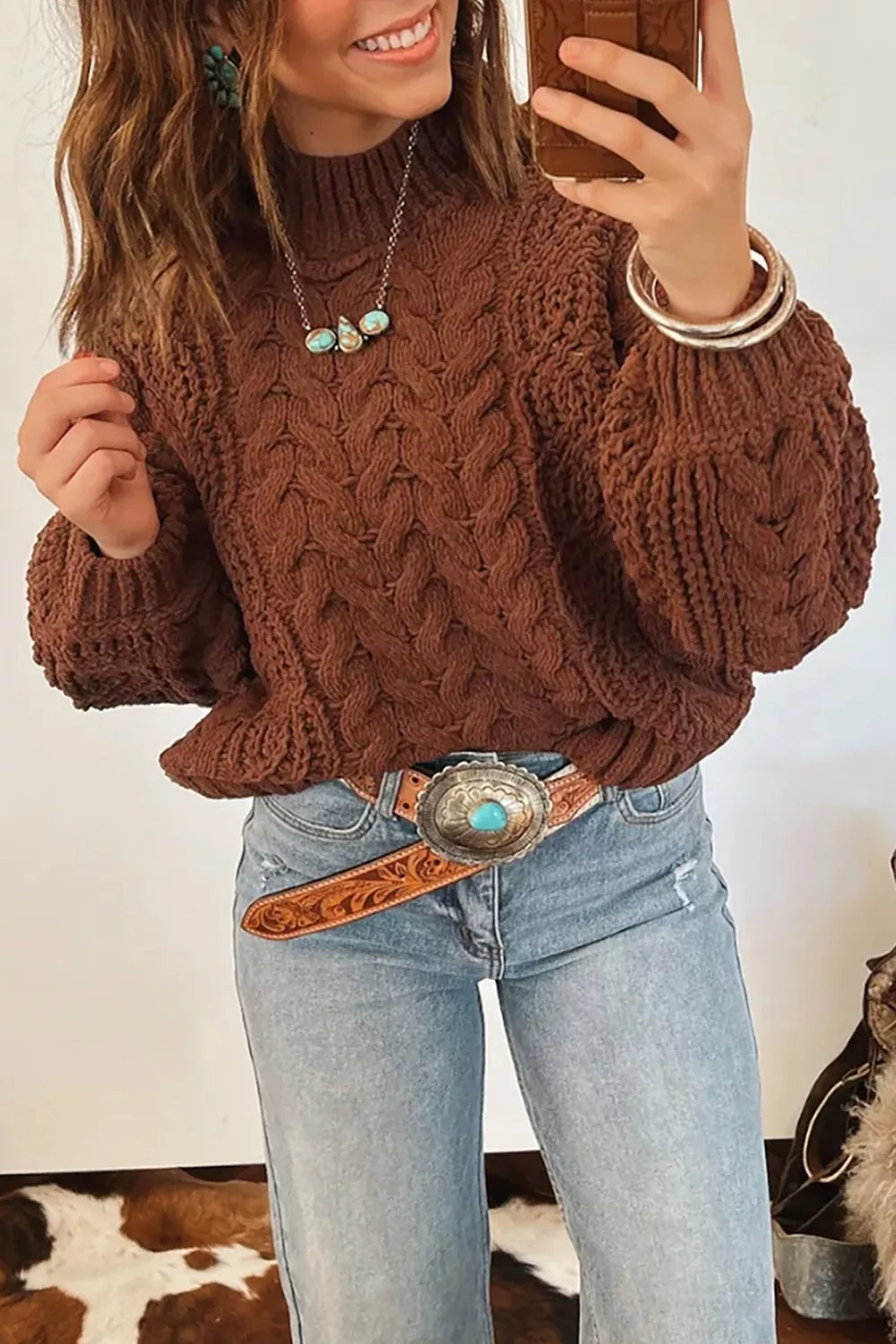 Mock Neck Cable Knit Sweater - Lilixa.store