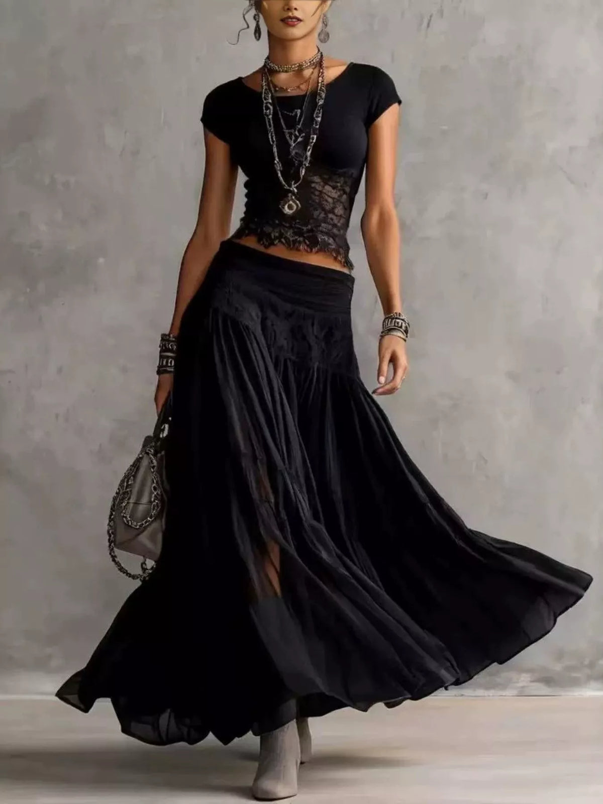 Lace Slim Fit Top and Maxi Skirt Set - Lilixa.store