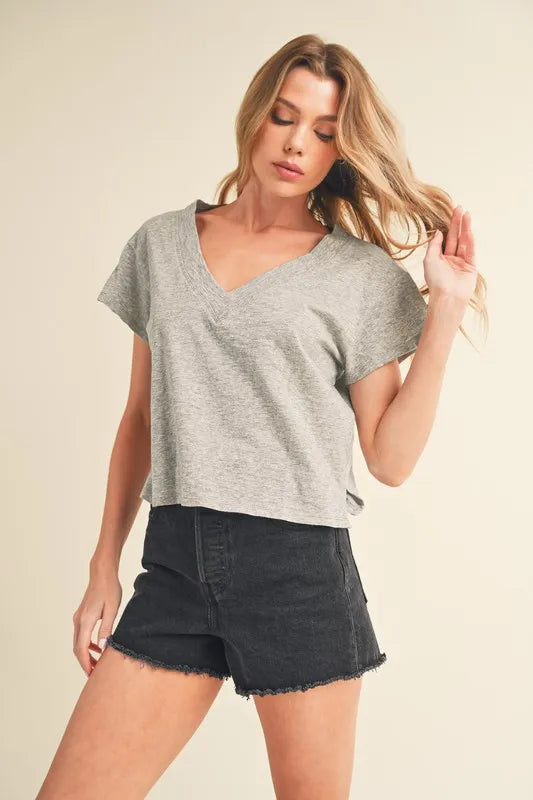 Aemi + Co Side Slit V-Neck Short Sleeve Cropped T-Shirt