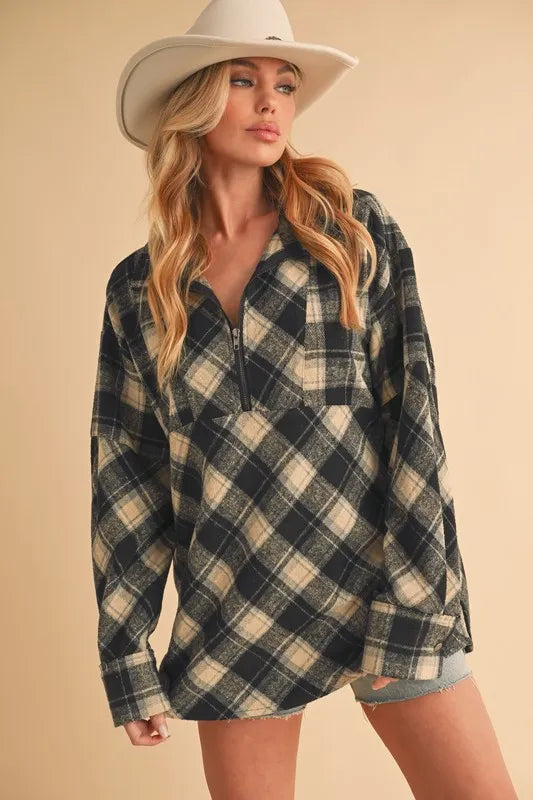 Aemi + Co Slit Plaid Half Zip Drop Shoulder Top - Lilixa.store