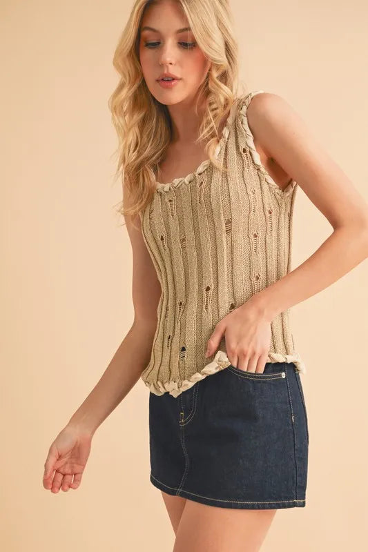 Aemi+Co Distressed Detail Round Neck Knit Tank in Khaki, view 5