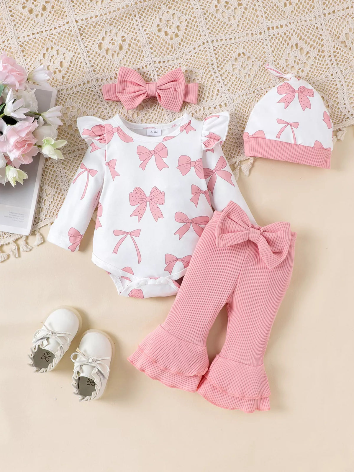 Children's Bow Print Bodysuit and Pants Set with Headband - Lilixa.store