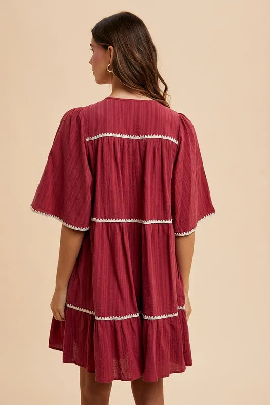 Annie Wear Tassel Contrast Trim Tie Neck Half Sleeve Tiered Dress - Lilixa.store