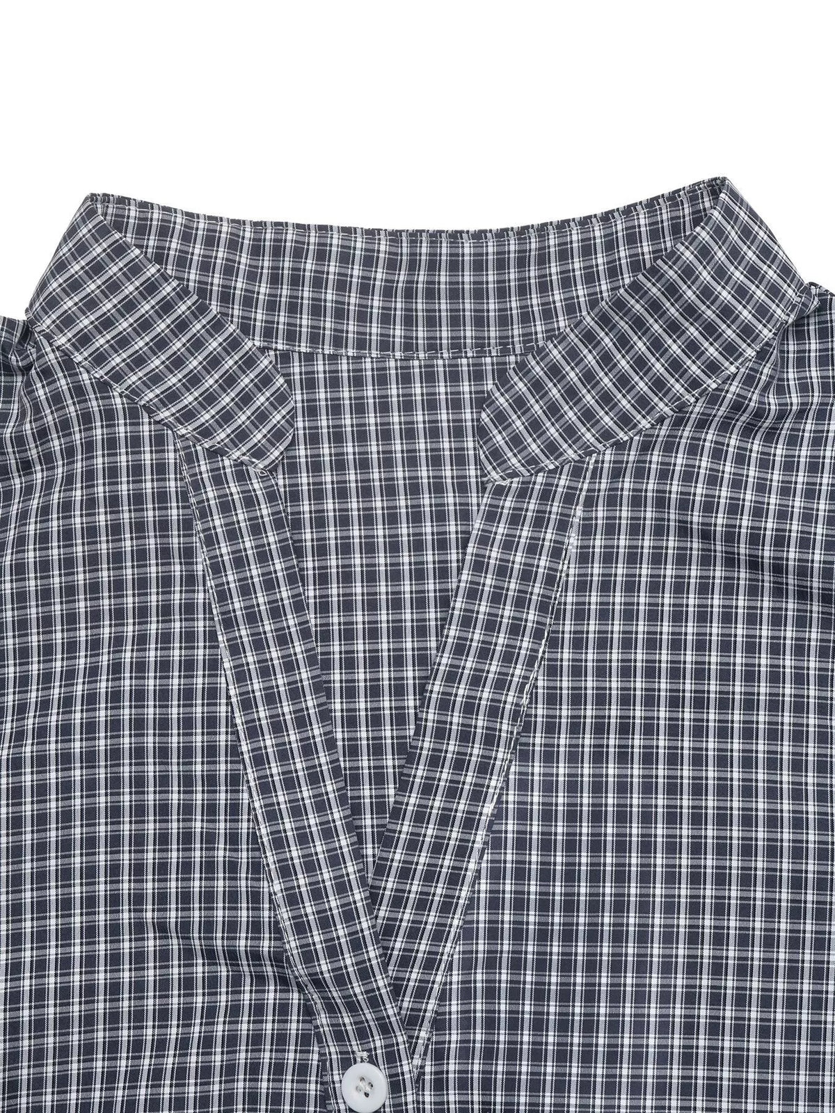 Gingham Button Up Shirt with Tie-Sleeve Detail in Navy, view 8