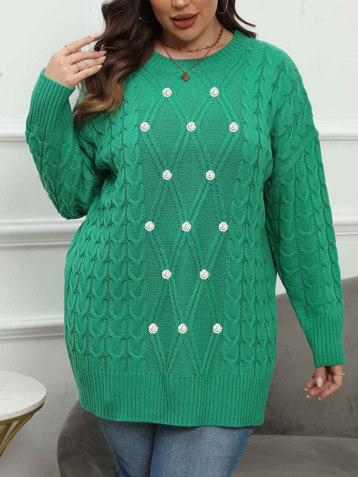 Plus Size Cable Knit Dropped Shoulder Sweater - Lilixa.store
