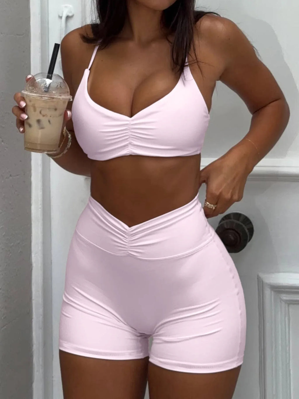 Ruched Sports Bra and High-Waisted Shorts Active Set - Lilixa.store