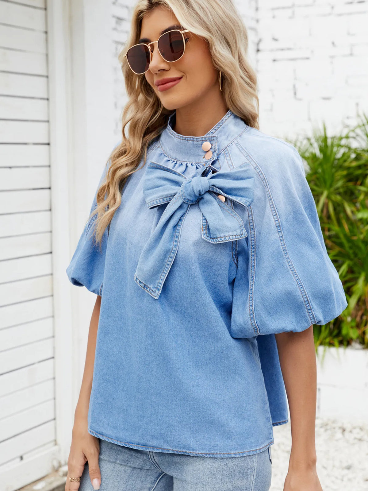 Denim Bow Tie Puff Sleeve Top - Lilixa.store