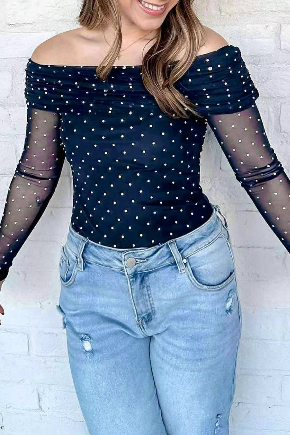 Off-Shoulder Polka Dot Mesh Blouse in Dark Navy, view 3