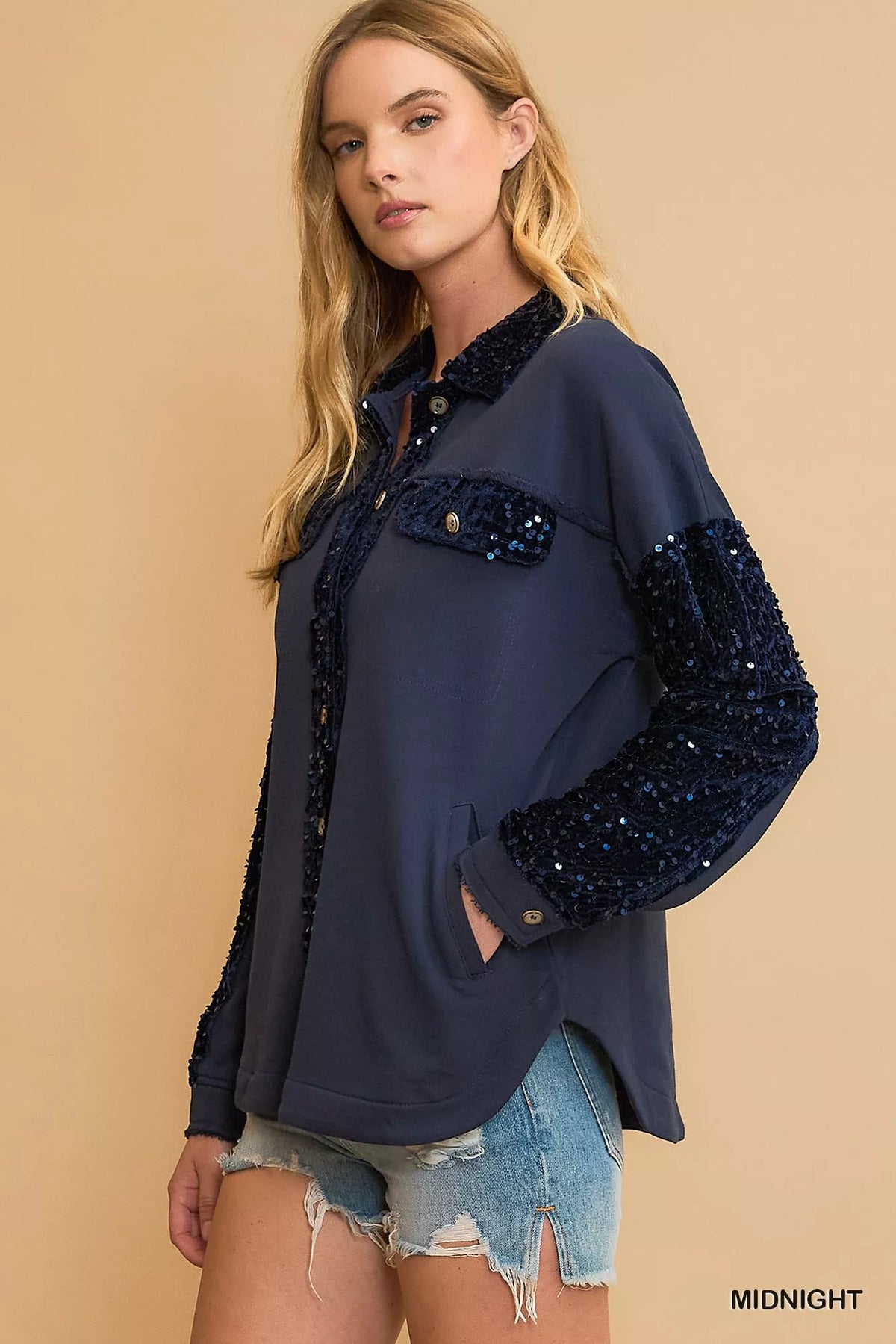 Umgee Sequined French Terry Jacket, view 2