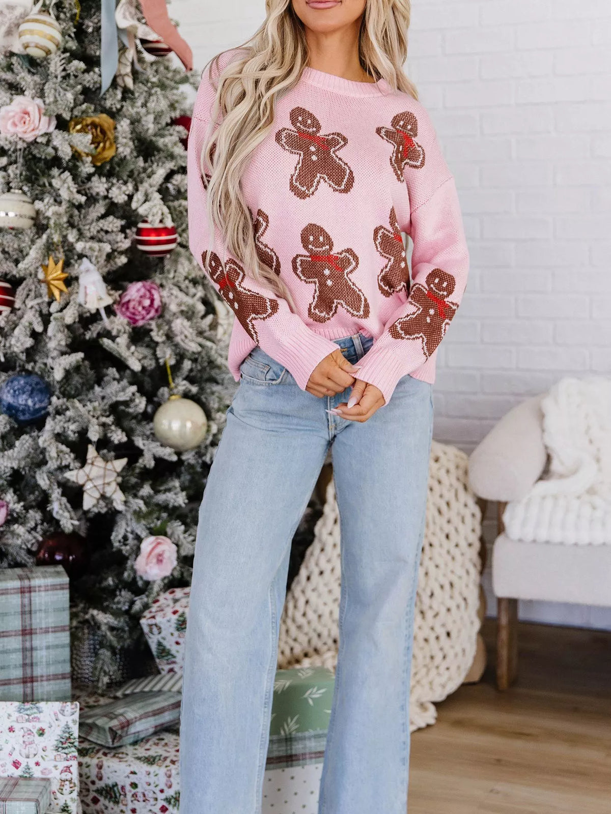 Gingerbread Pattern Round Neck Long Sleeve Shift Sweater