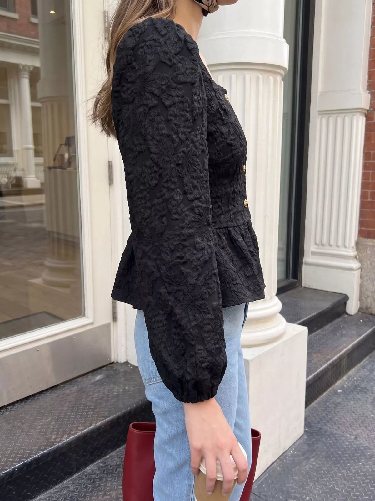 Square Neck Textured Peplum Blouse, view 9