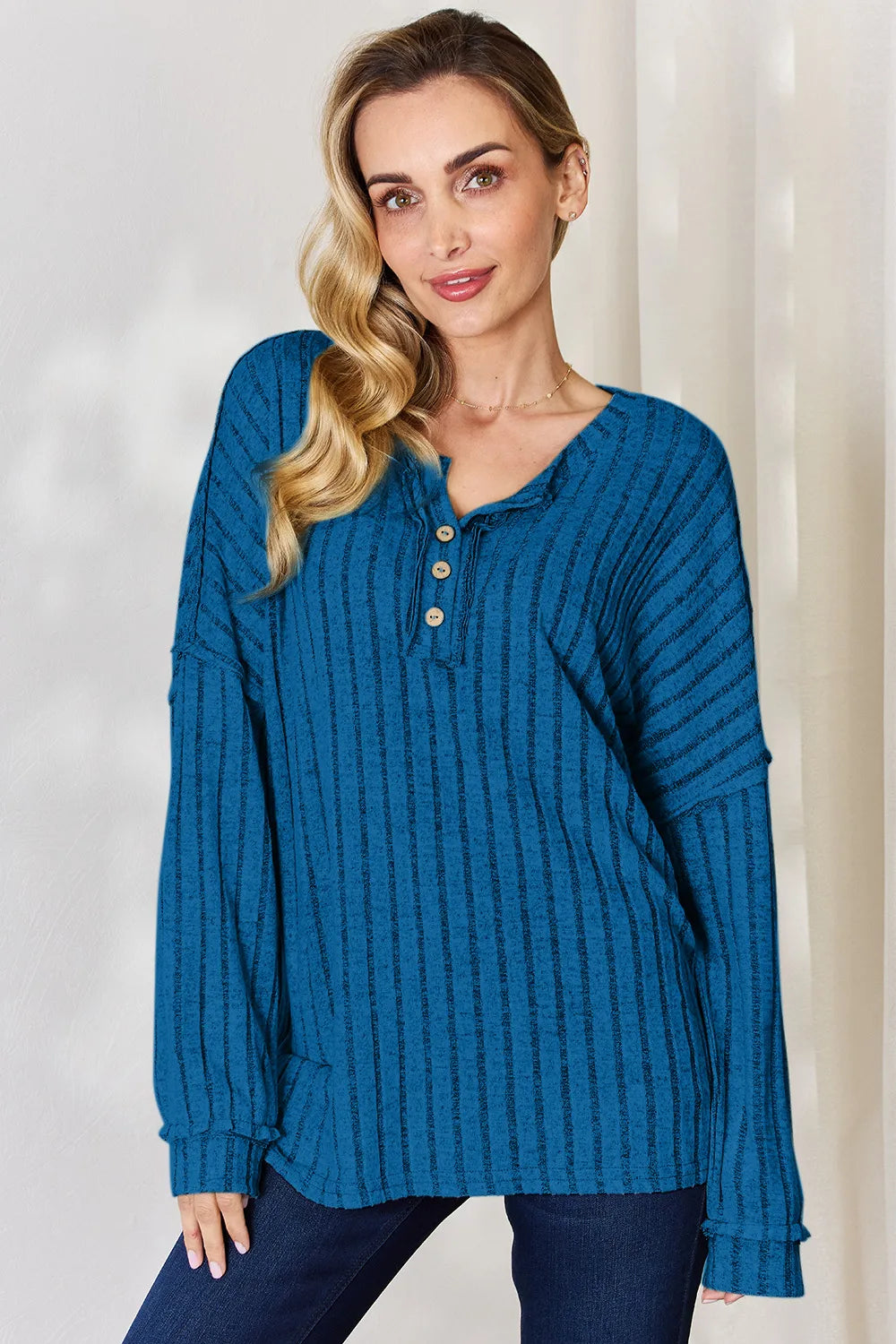 Basic Bae Full Size Ribbed Half Button Long Sleeve T-Shirt - Lilixa.store