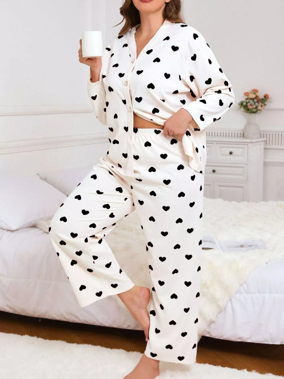 Plus Size Heart Print Button-Down Top and Pants Set
