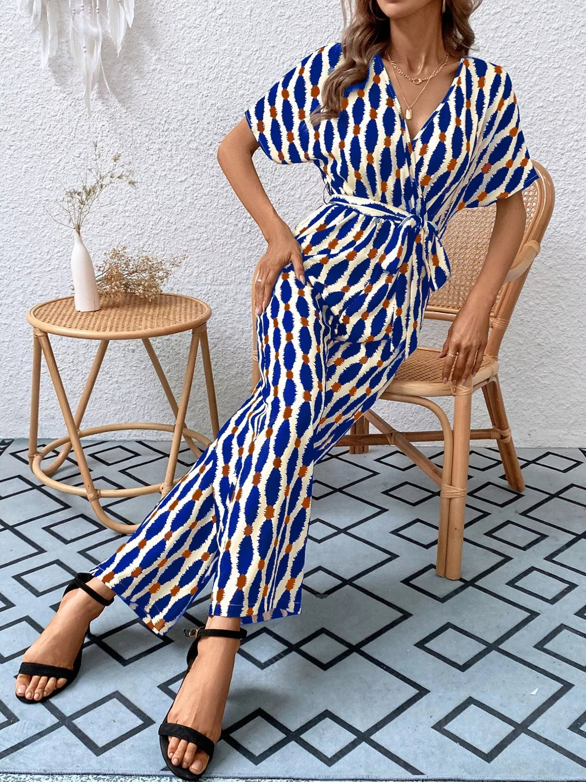 Printed Surplice Tie Waist Short Sleeve Jumpsuit - Lilixa.store