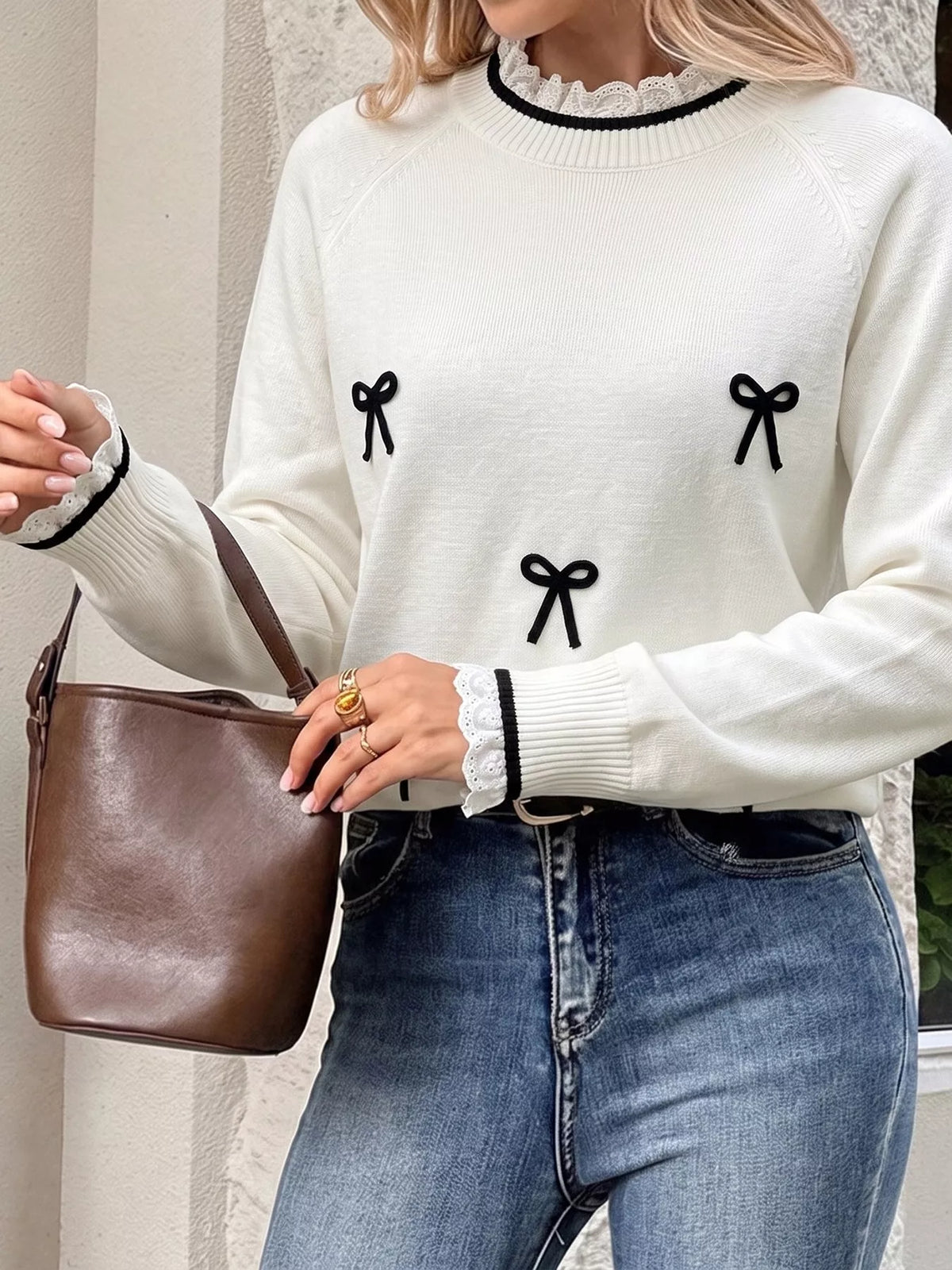 Bow-Embellished Lace Trim Sweater in White, view 2