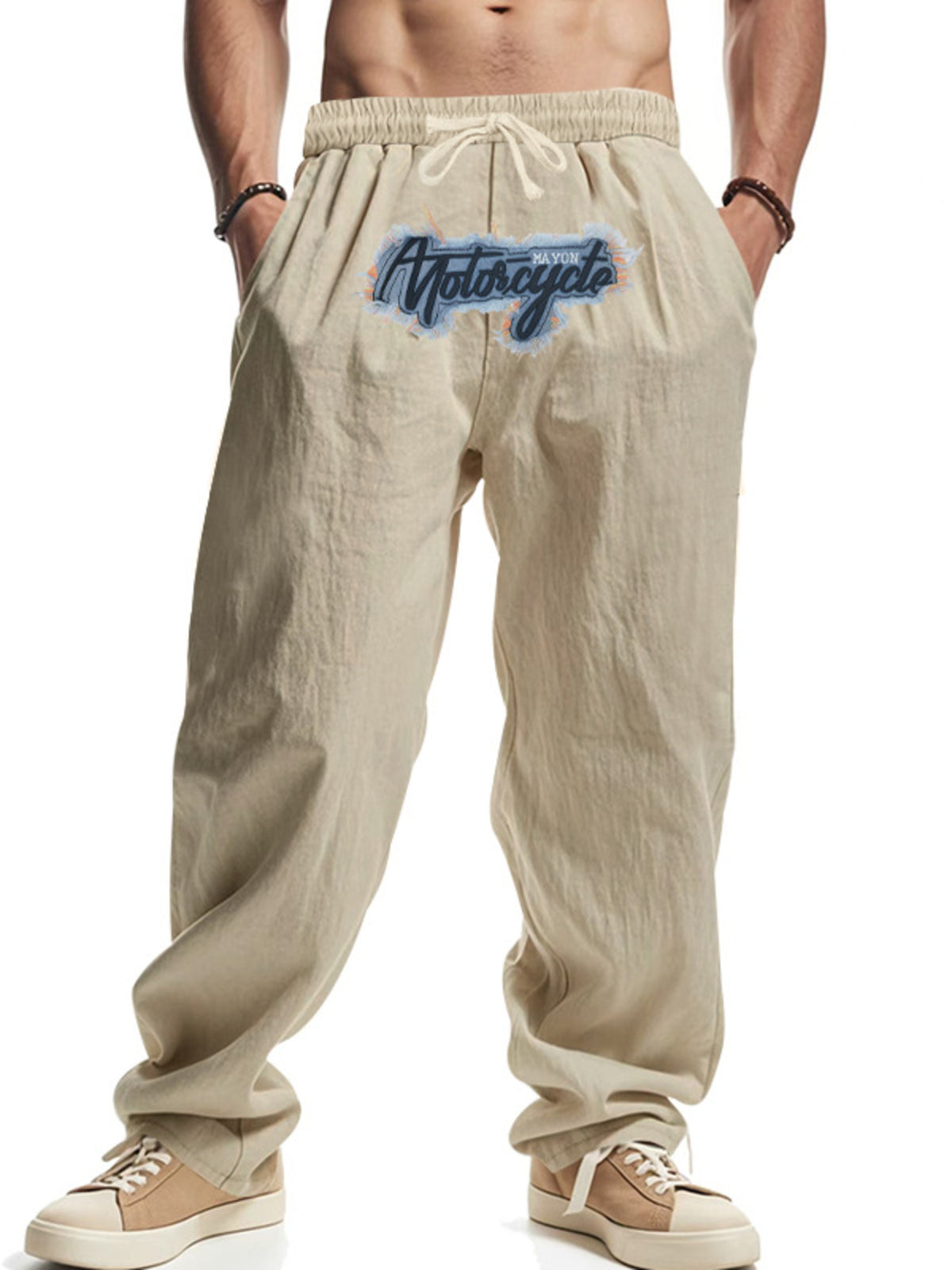 Men's Full Size Drawstring Letter Casual Pants Plus Size in Khaki