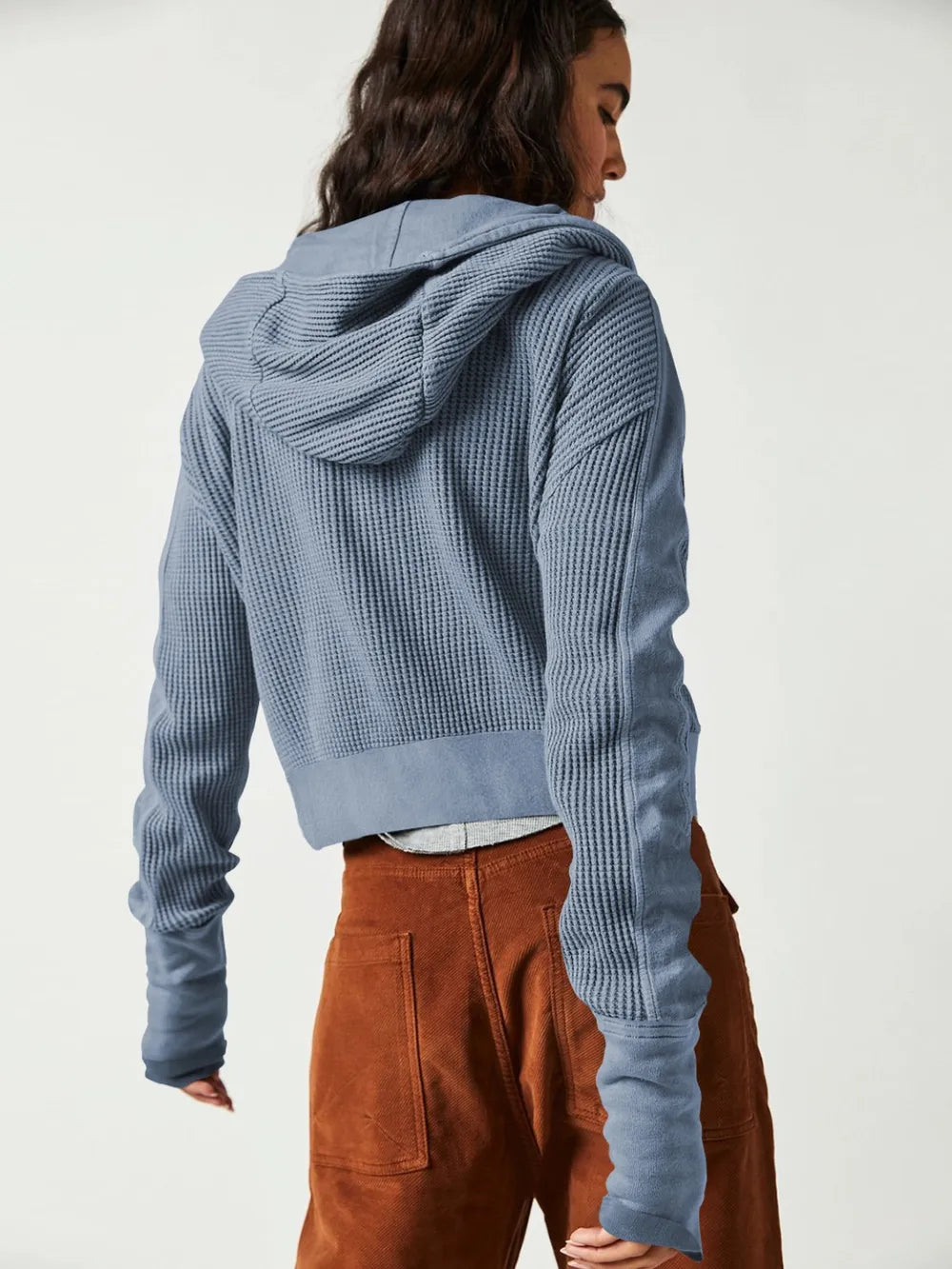 Waffle-Knit Dropped Shoulder Hooded Jacket, view 3