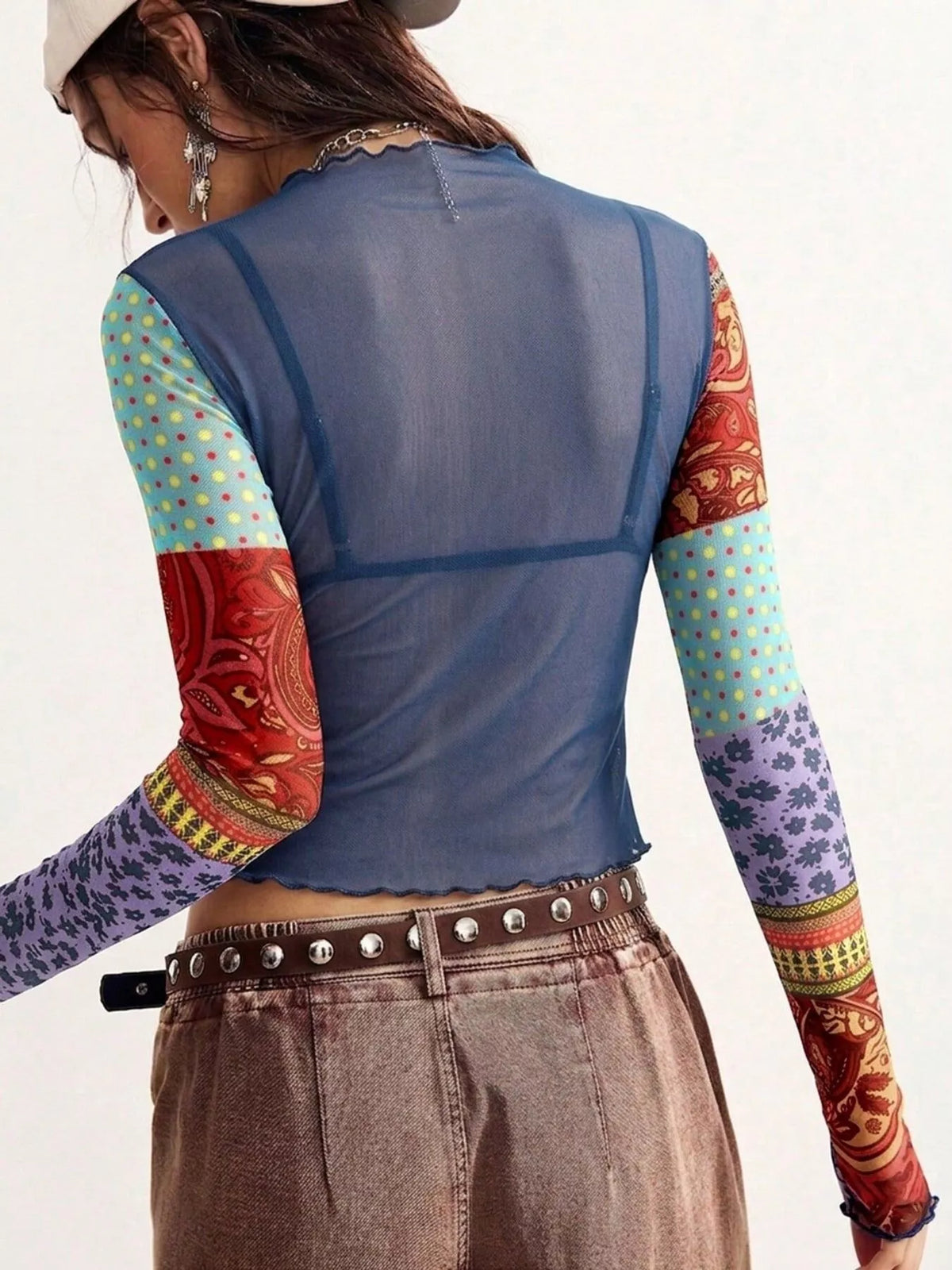 Floral Print Mesh Mock Neck Long Sleeve Top, view 8