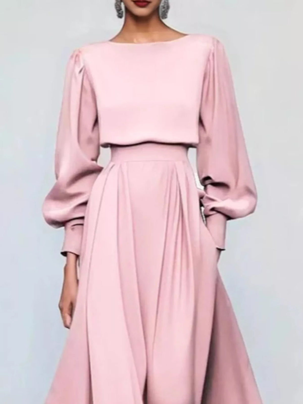 Pleated Lantern Sleeve Midi Dress