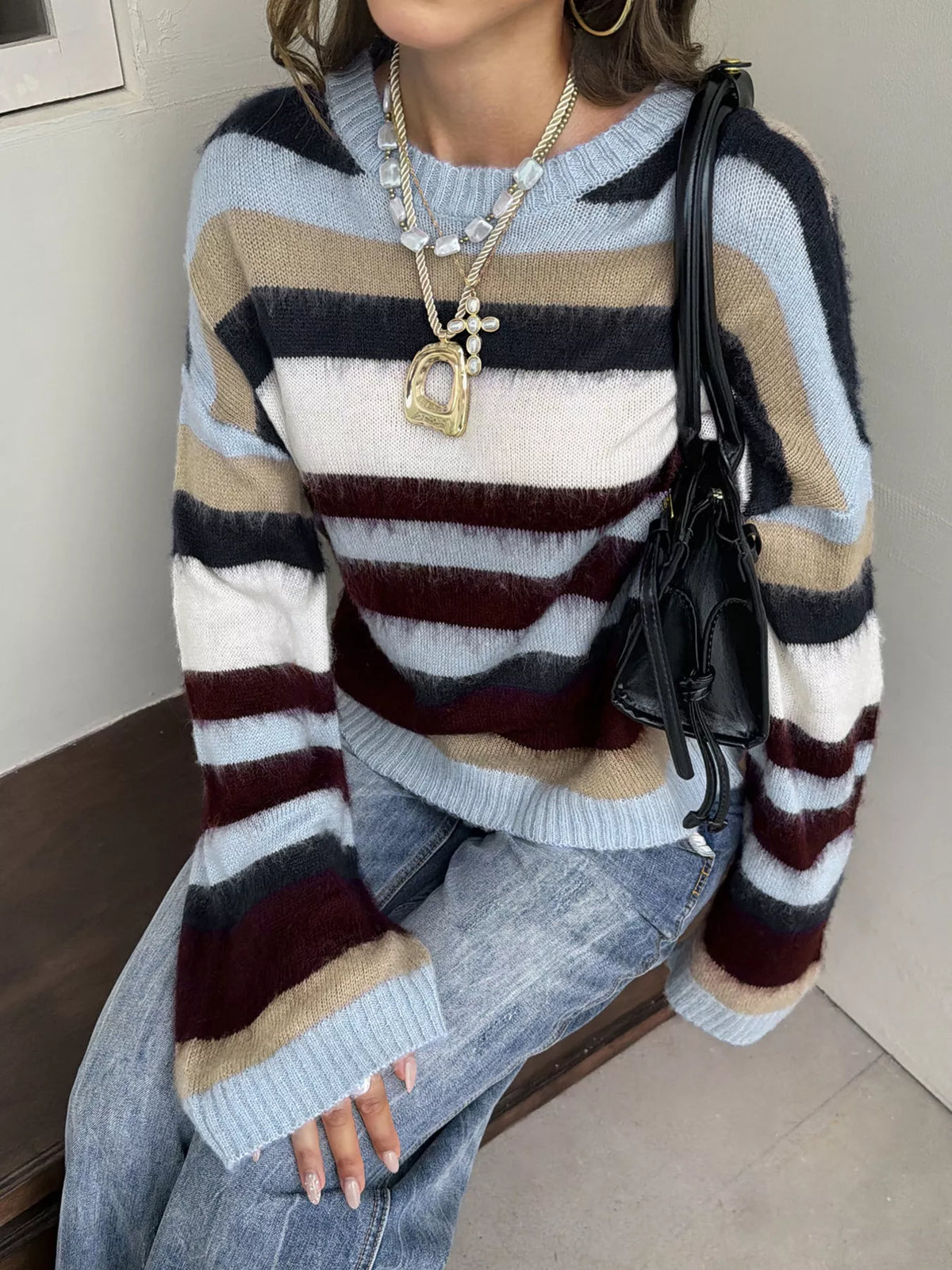 Multi-Color Striped Fuzzy Sweater - Lilixa.store