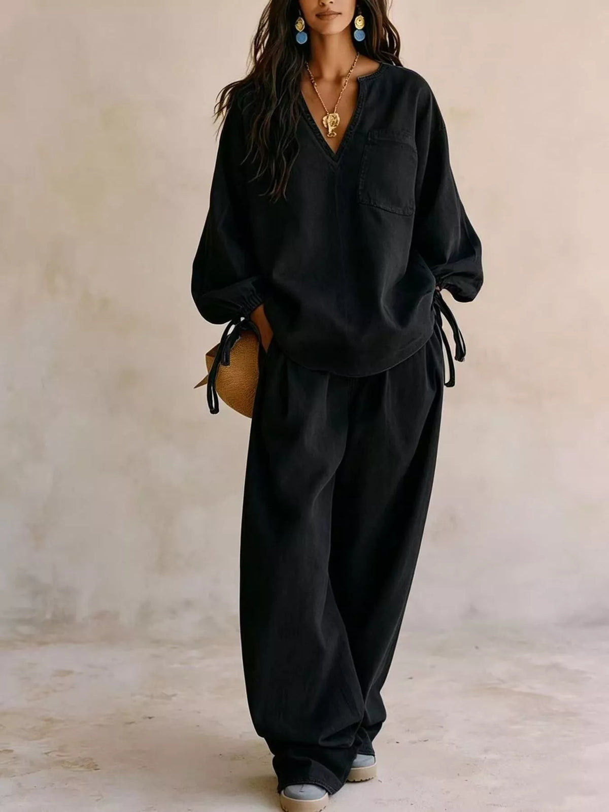 Relaxed Fit Drawstring Sleeve Detail Top and Pants Denim Set, view 9