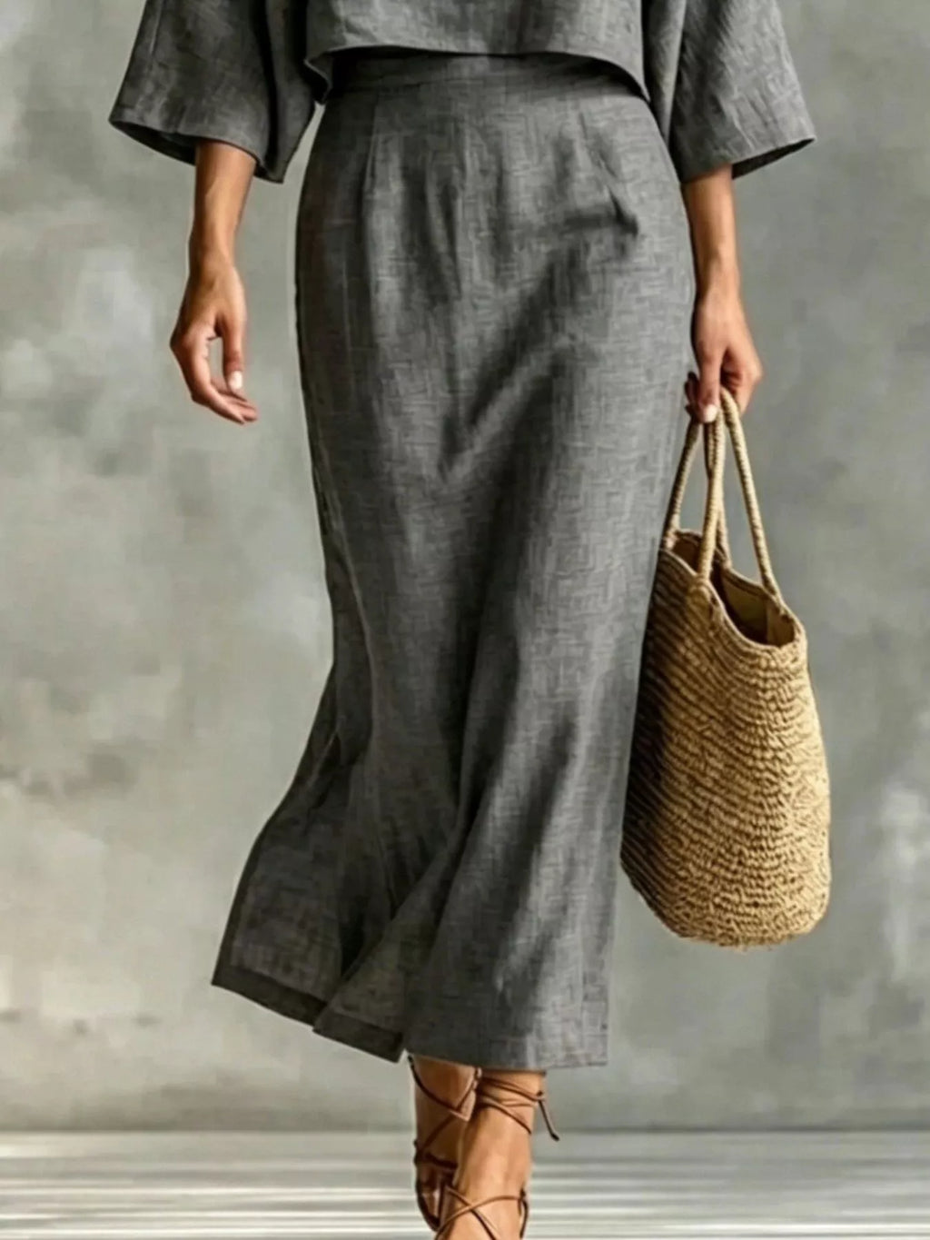 Full Size Solid Color Cropped Top and Midi Skirt Set Plus Size - Lilixa.store