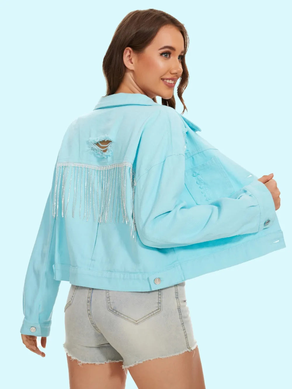 Distressed Distressed Button Up Denim Jacket, view 2