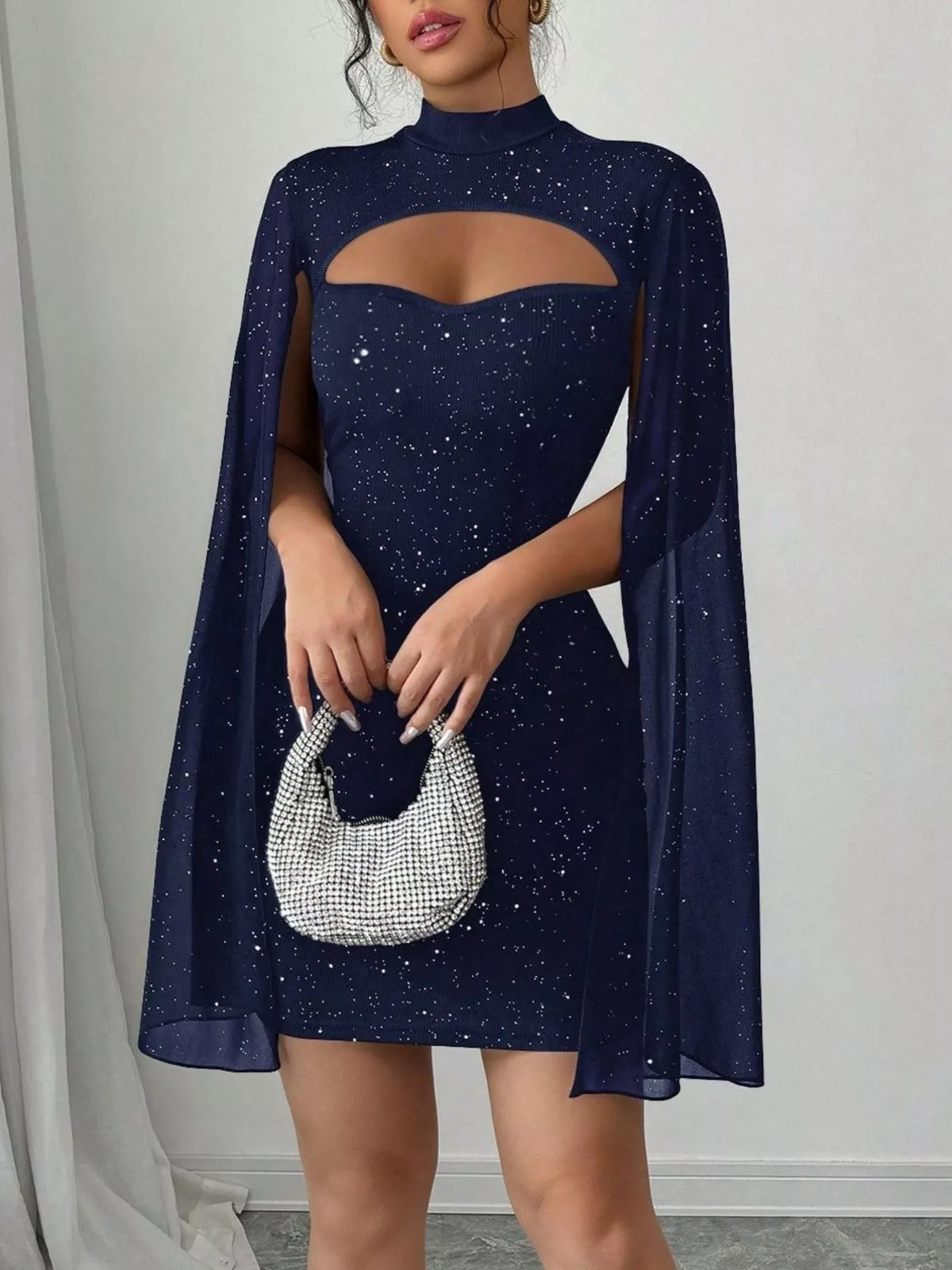 Cutout Bodycon Mini Dress with Cape Sleeves in Navy