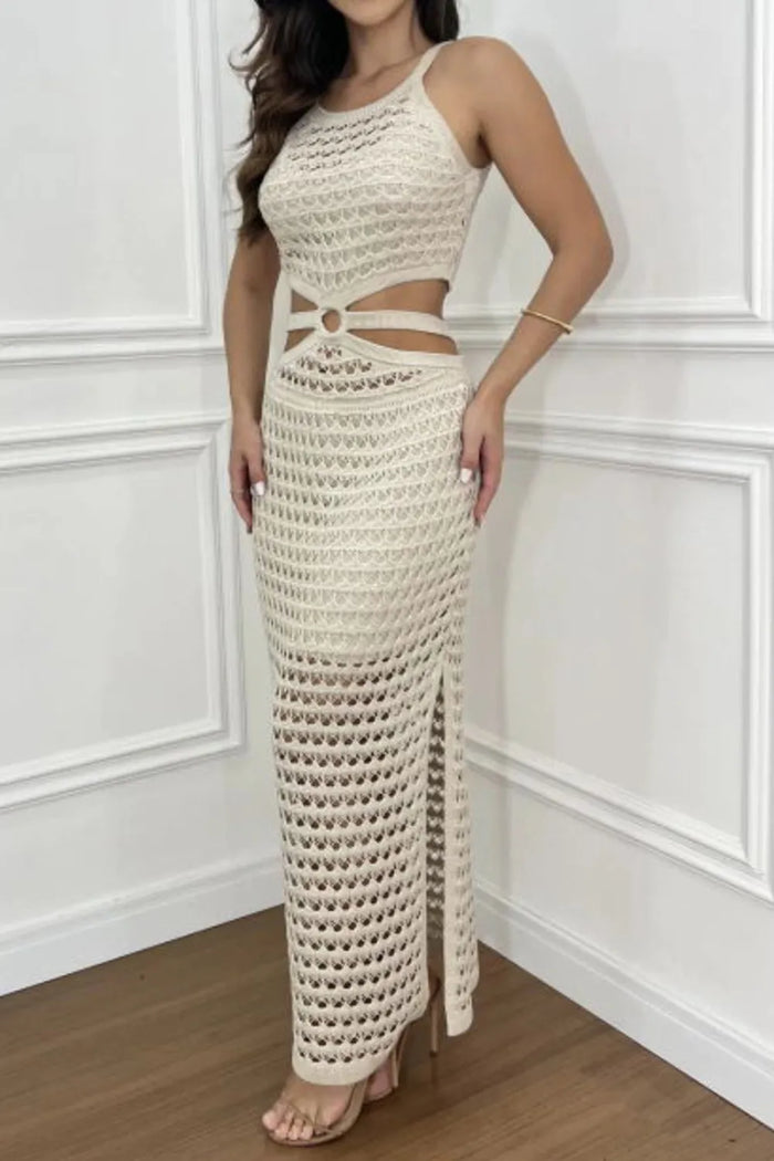 Cutout Slit Round Neck Sweater Dress in Beige