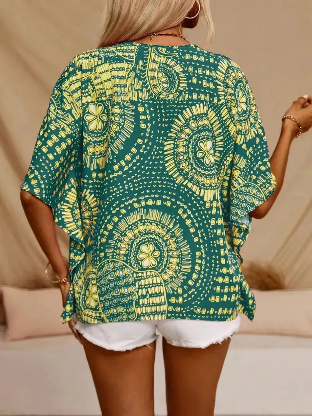 Printed V-Neck Half Sleeve Top - Lilixa.store