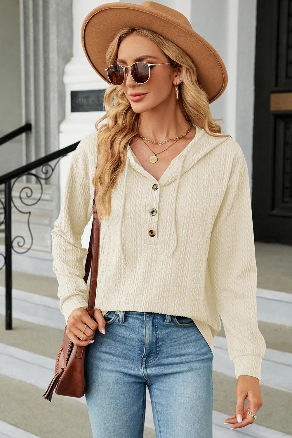 Drawstring Half Button Long Sleeve Hoodie - Lilixa.store