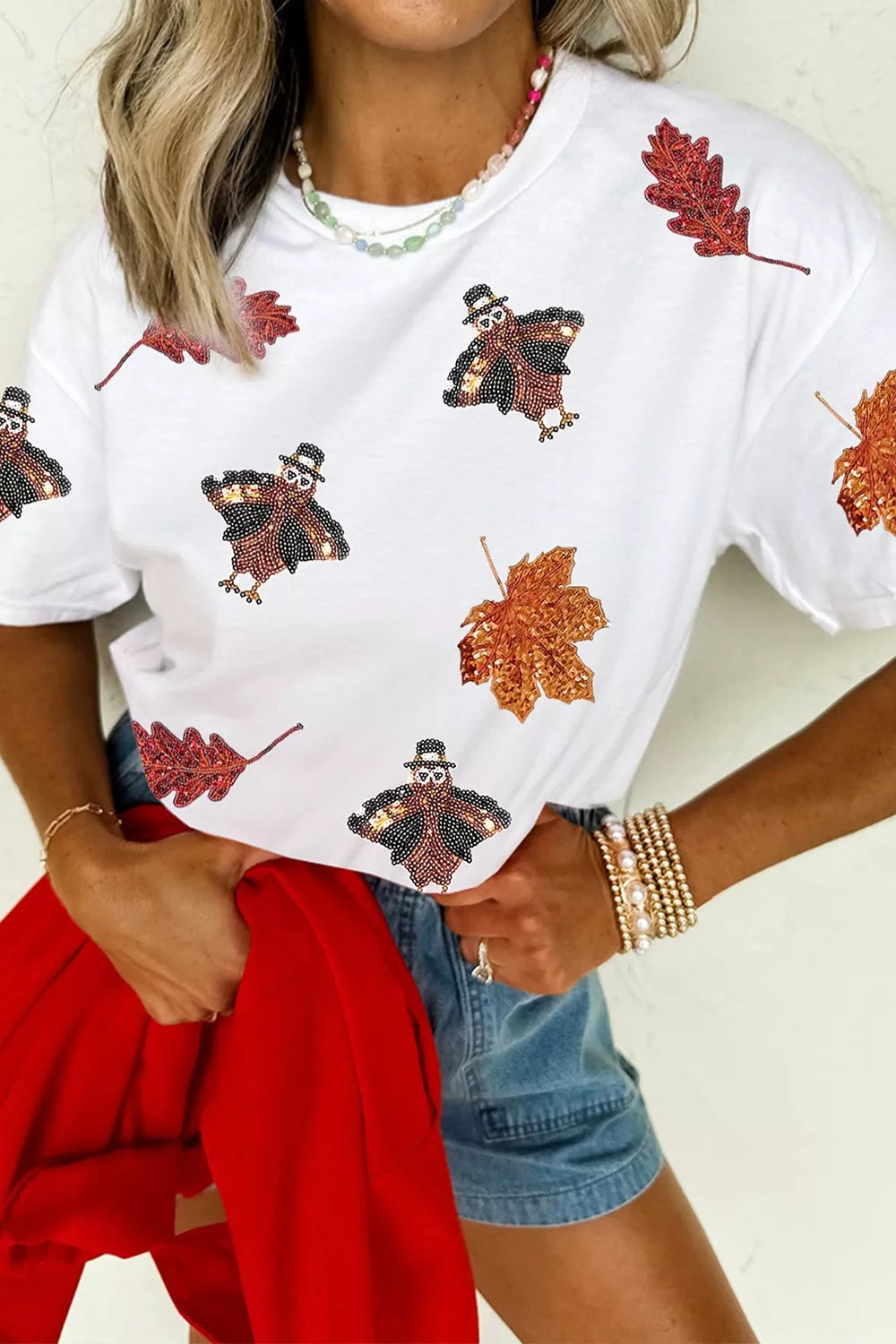 Full Size Sequin Autumn Leaf Thanksgiving Turkey T Shirt Plus Size - Lilixa.store