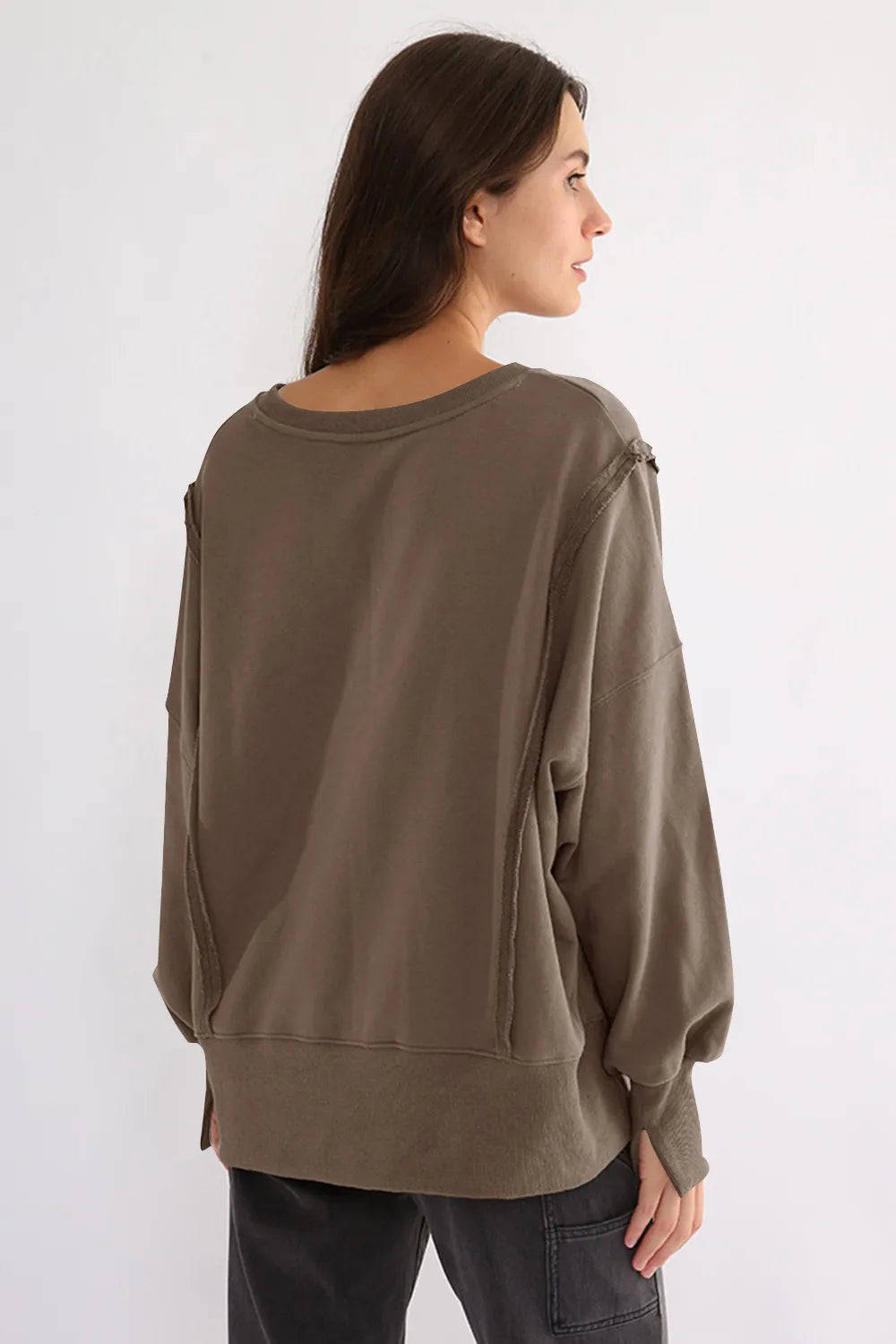 Exposed Seam High-Low Long Sleeve Sweatshirt - Lilixa.store
