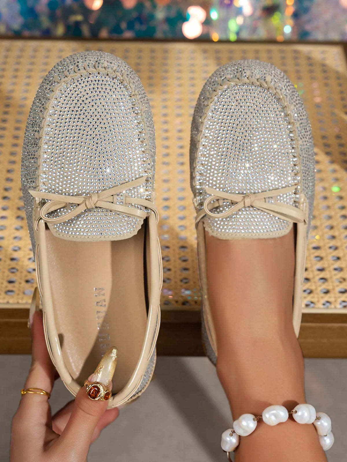 Bow Round Toe Flats Slip-Ons in Khaki